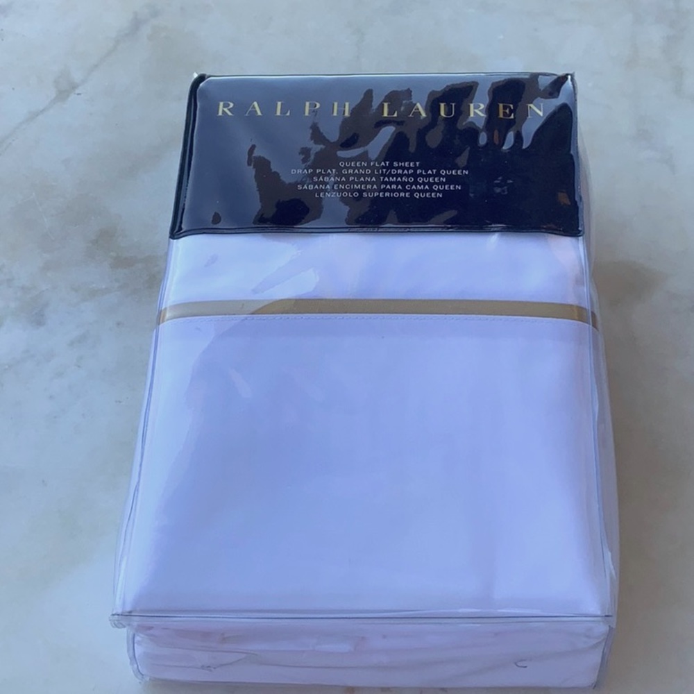 RALPH LAUREN PALMER PERCALE QUEEN FLAT SHEET BRNSD CHMS ON WHITE NEW COTTON